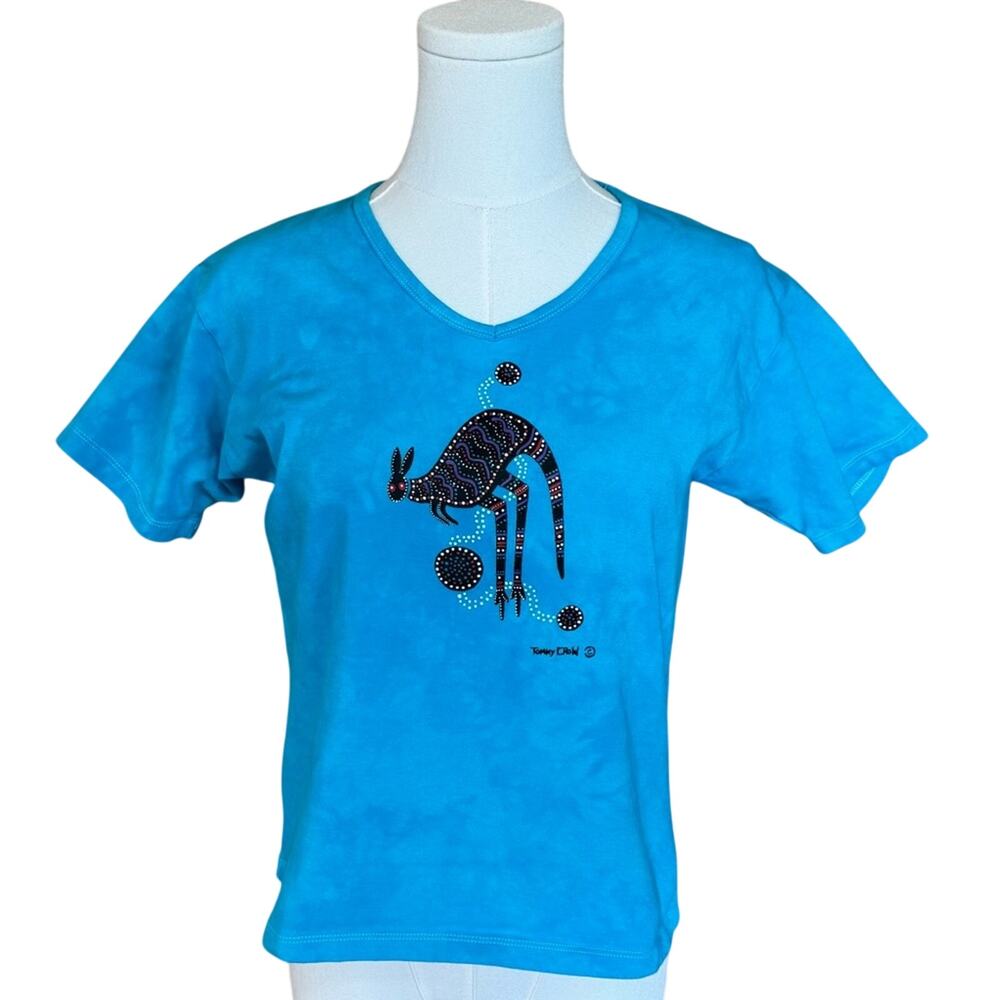 Turquoise Aboriginal Kangaroo Art V-Neck T-Shirt Women’s Small Signed Tommy Crow